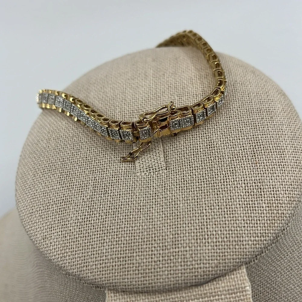 Authentic Sterling Silver Gold Etched Tennis Bracelet - 925 CISS - 8" - Picture 5 of 11